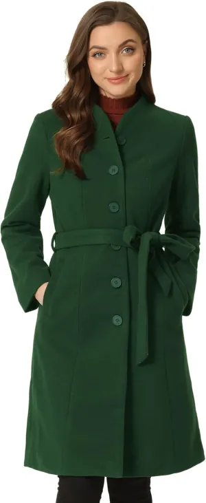 Allegra K Mid-Length Overcoat for Women's Single Breasted Collarless Belted Elegant Winter Coats