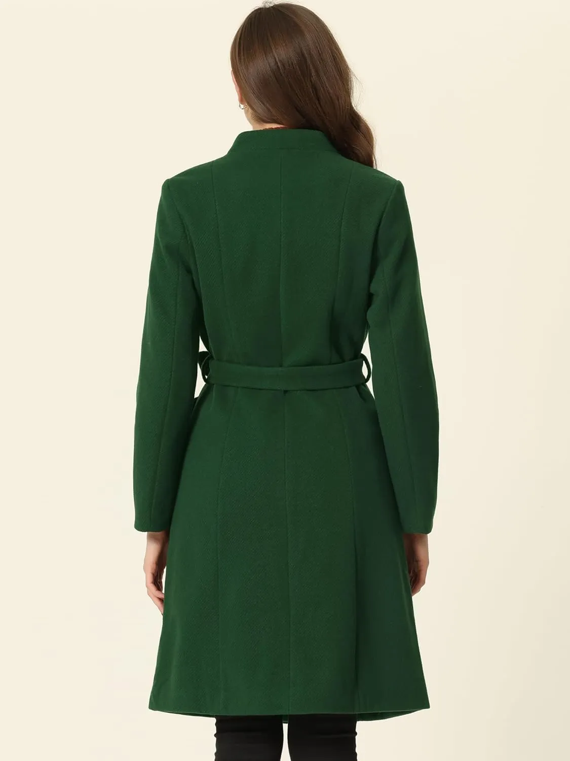 Allegra K Mid-Length Overcoat for Women's Single Breasted Collarless Belted Elegant Winter Coats