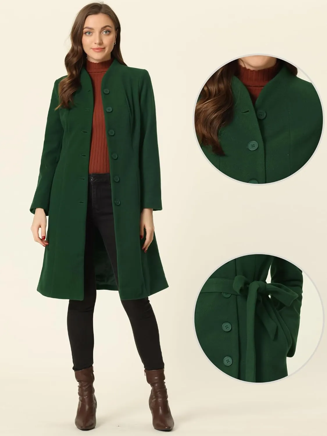 Allegra K Mid-Length Overcoat for Women's Single Breasted Collarless Belted Elegant Winter Coats