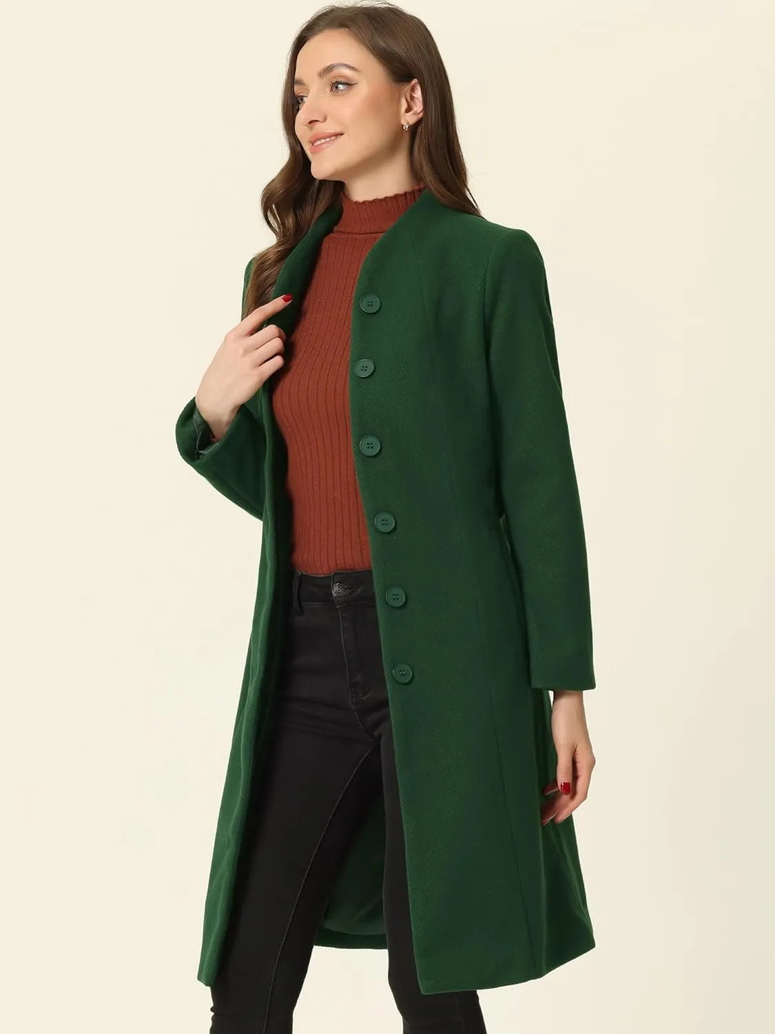 Allegra K Mid-Length Overcoat for Women's Single Breasted Collarless Belted Elegant Winter Coats