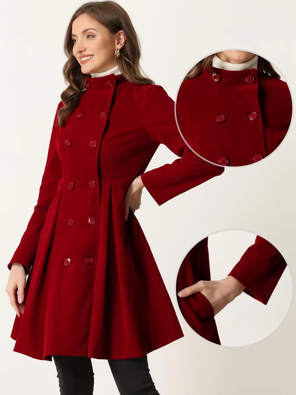 Allegra K Velvet A-Line Coat for Women's Christmas Double Breasted Winter Swing Coats