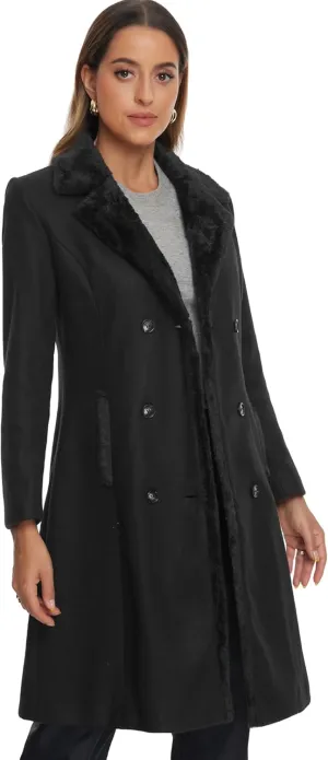 Allegra K Winter Coat for Women's Faux Fur Collar Double Breasted Long Warm Coats