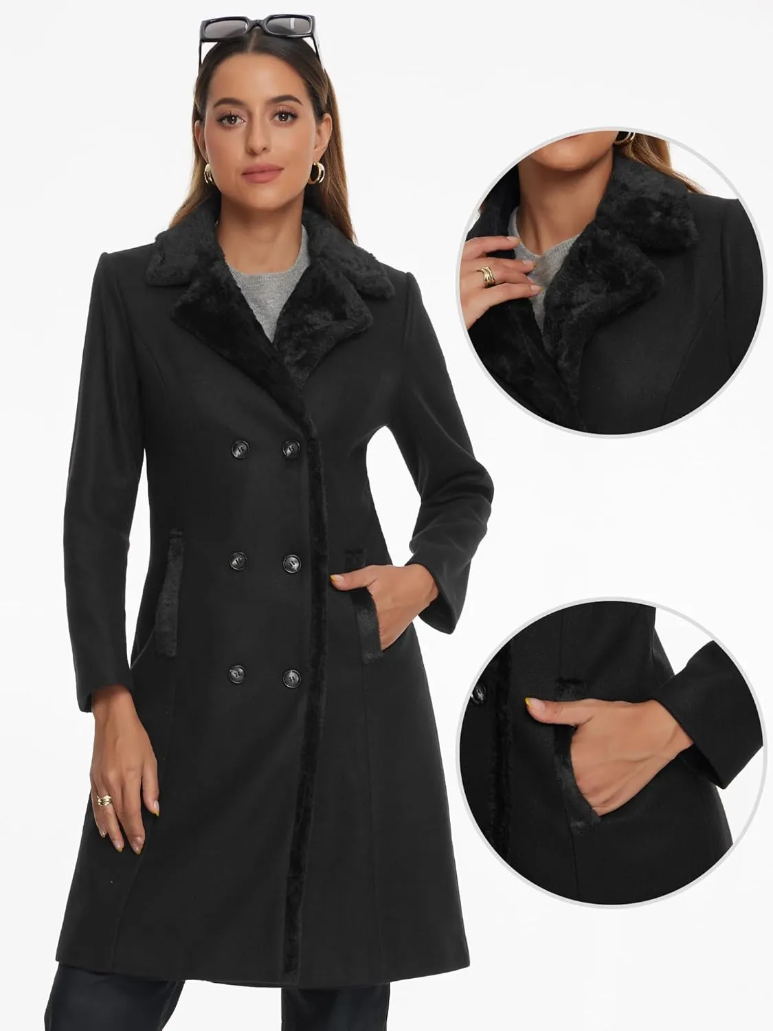 Allegra K Winter Coat for Women's Faux Fur Collar Double Breasted Long Warm Coats