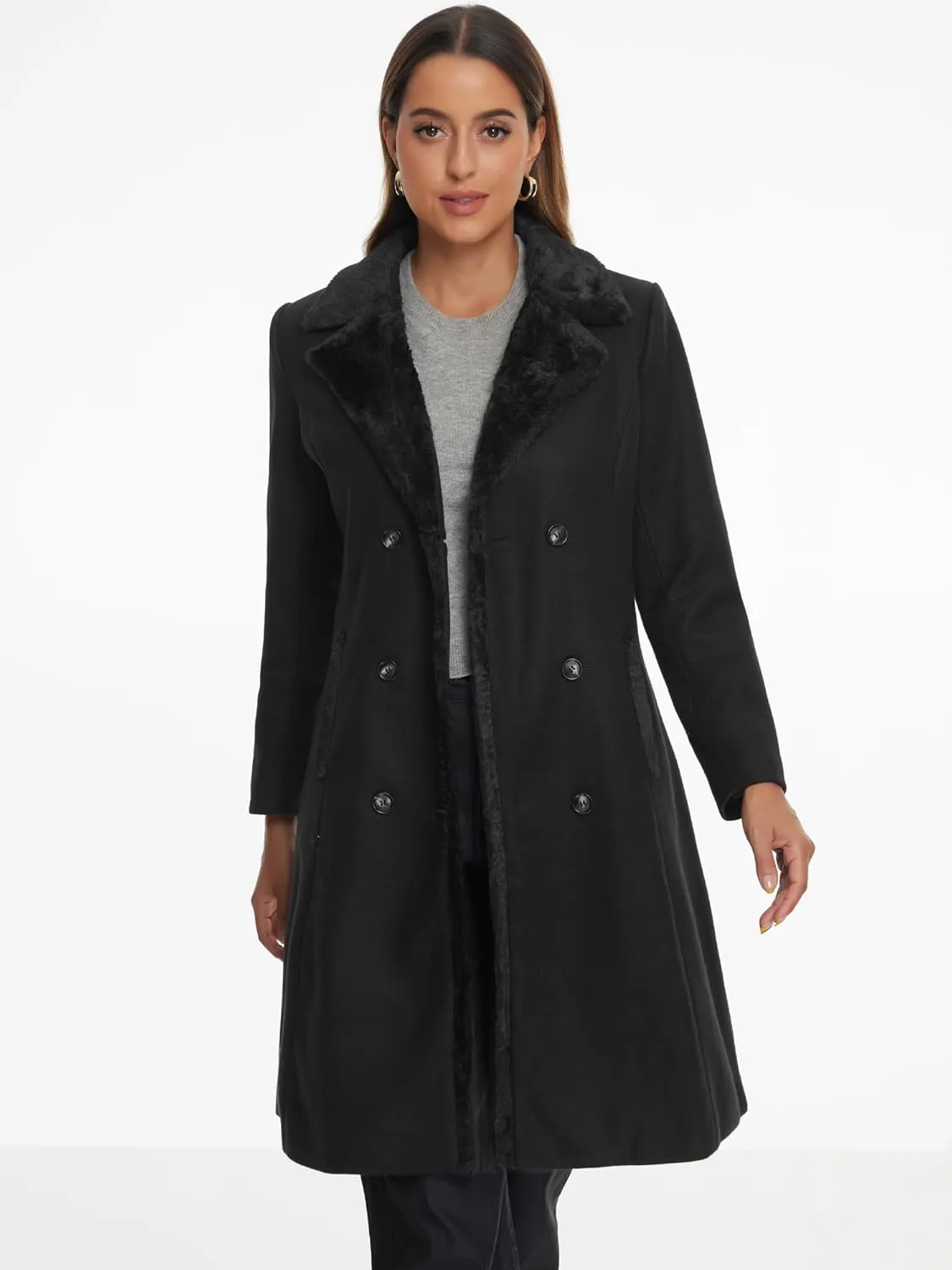 Allegra K Winter Coat for Women's Faux Fur Collar Double Breasted Long Warm Coats