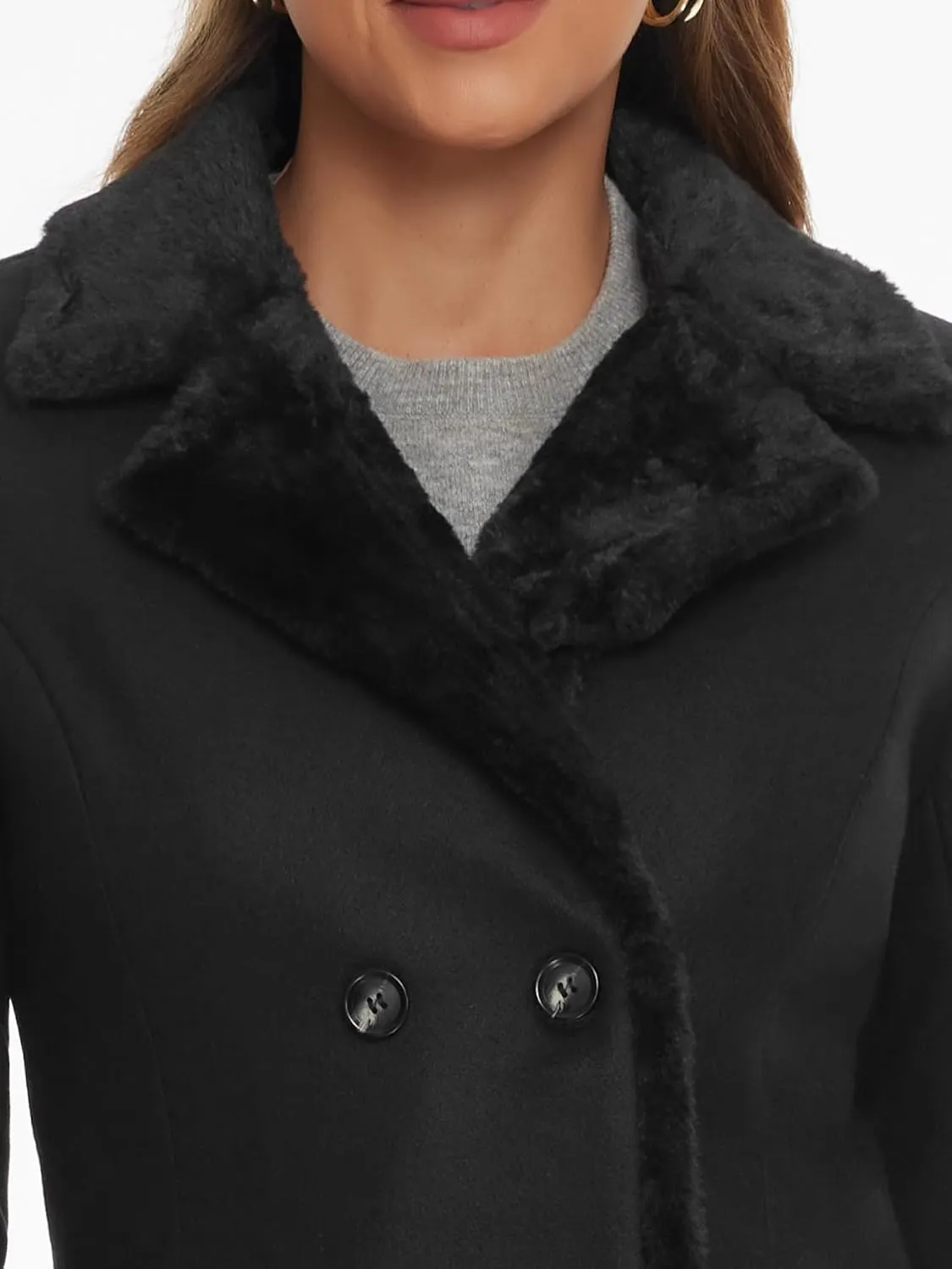 Allegra K Winter Coat for Women's Faux Fur Collar Double Breasted Long Warm Coats
