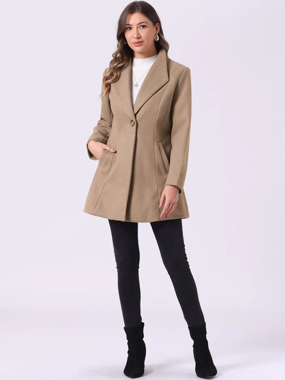 Allegra K Women's Lapel Collar Buttoned Outwear Elegant Work Notch Trench Winter Coats