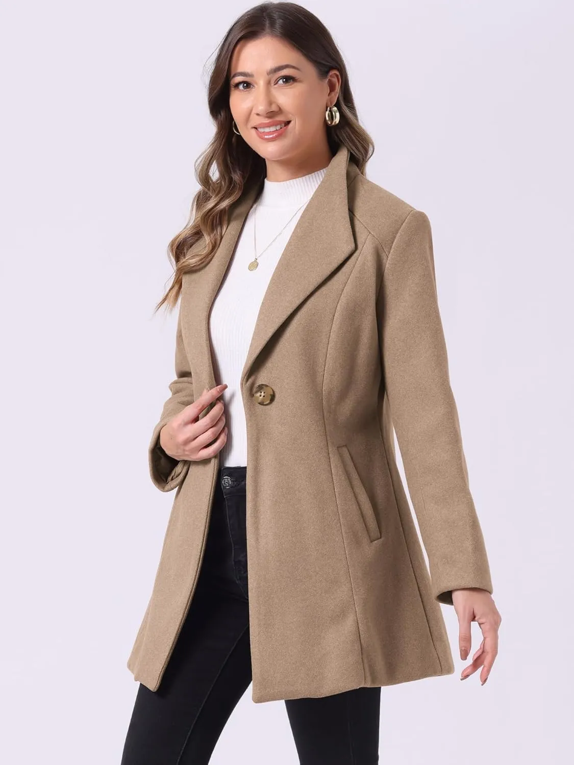 Allegra K Women's Lapel Collar Buttoned Outwear Elegant Work Notch Trench Winter Coats