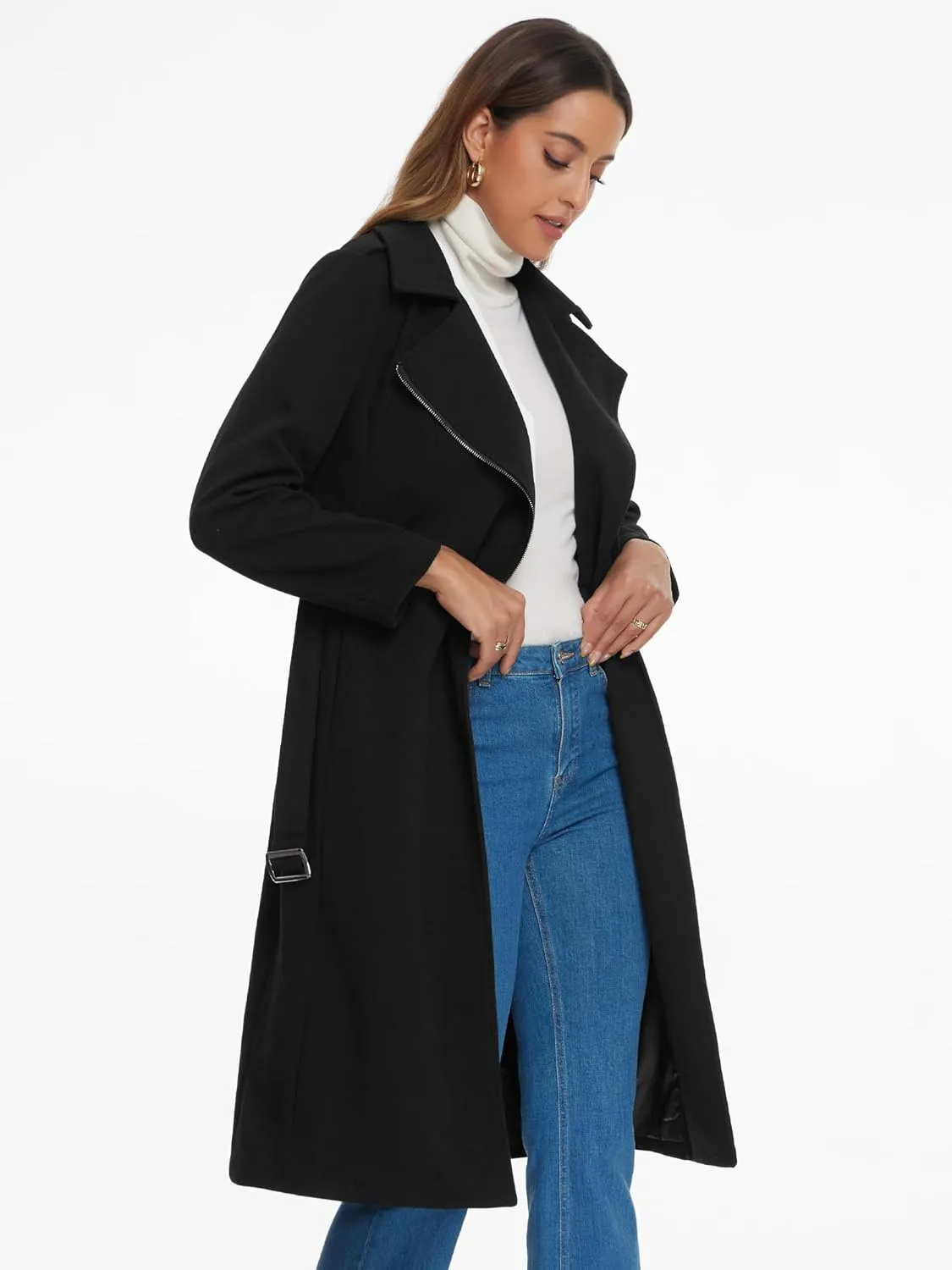 Allegra K Women's Winter Coats Zipper Front Notched Collar Belted Warm Blend Trench Coat