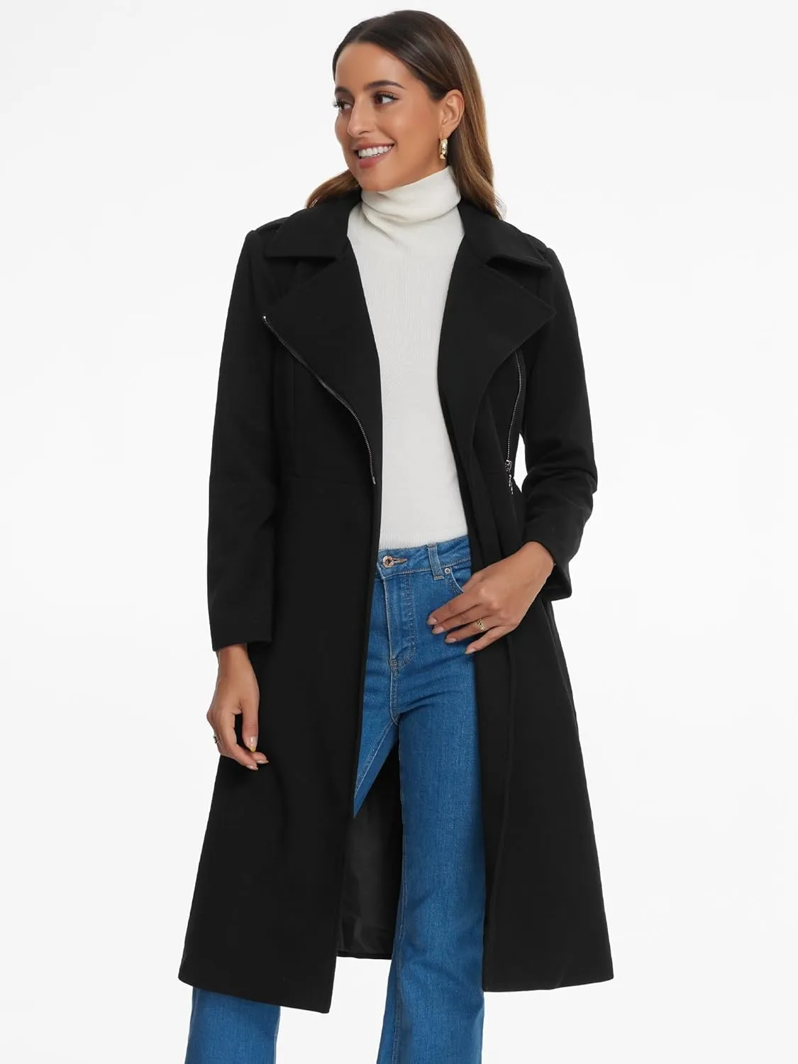 Allegra K Women's Winter Coats Zipper Front Notched Collar Belted Warm Blend Trench Coat