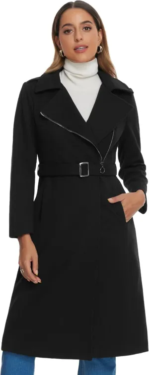 Allegra K Women's Winter Coats Zipper Front Notched Collar Belted Warm Blend Trench Coat