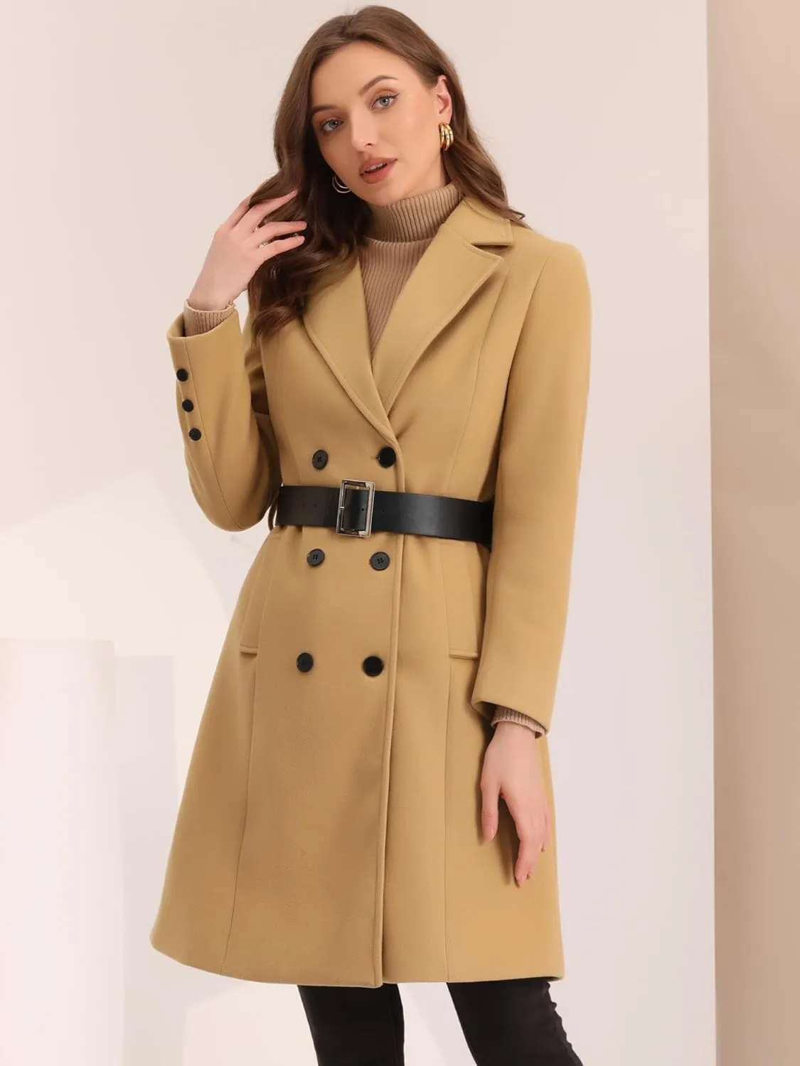 Allegra K Women's Winter Trench Coats Double Breasted Lapel Collar with Belt Long Pea Coat