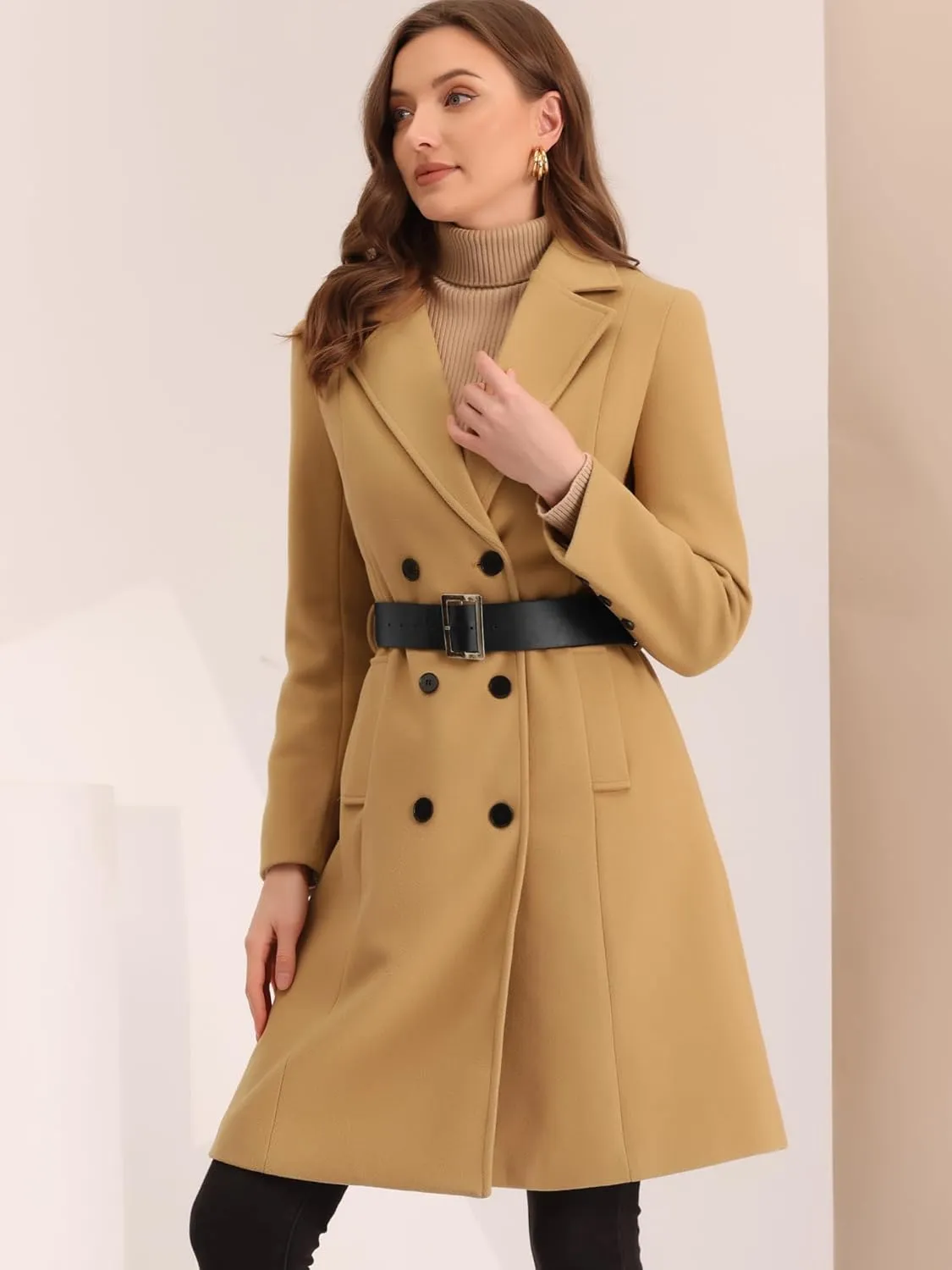 Allegra K Women's Winter Trench Coats Double Breasted Lapel Collar with Belt Long Pea Coat