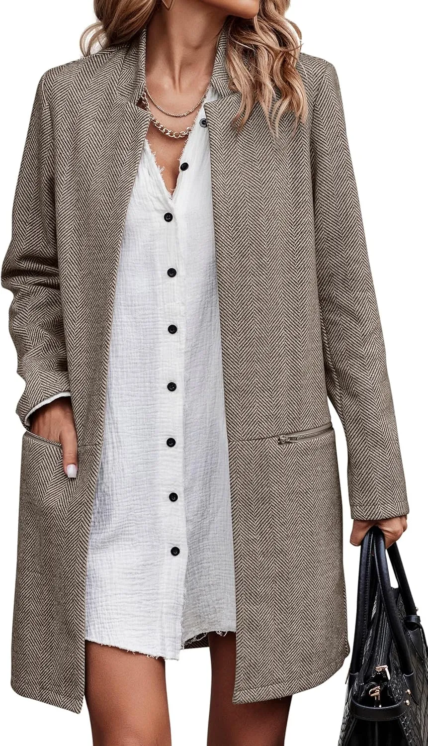 Angashion Womens Coat, Long Sleeve Stand Collar Cardigan Mid-Long Open Front Outwear Overcoat with Zipper Pockets