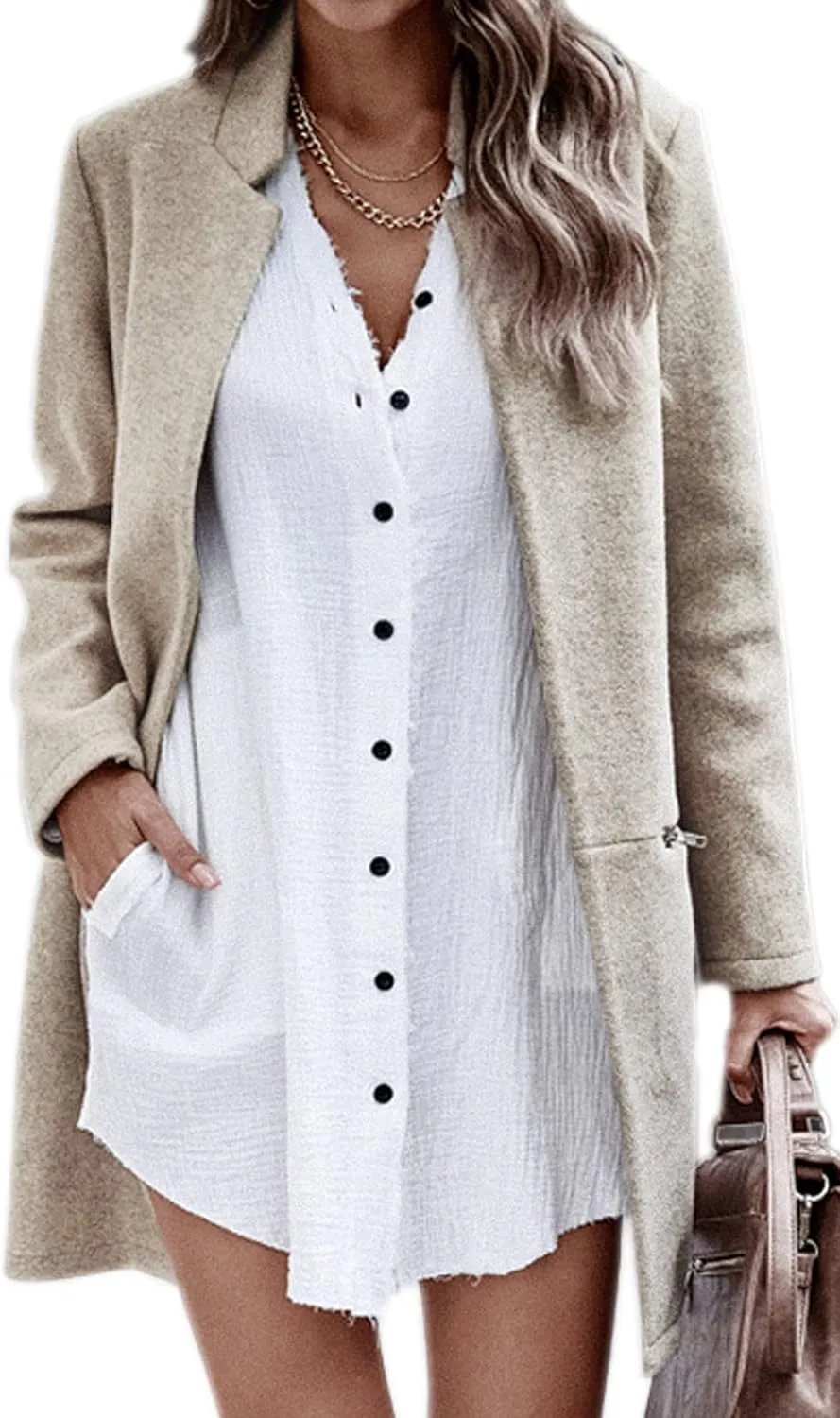 Angashion Womens Coat, Long Sleeve Stand Collar Cardigan Mid-Long Open Front Outwear Overcoat with Zipper Pockets