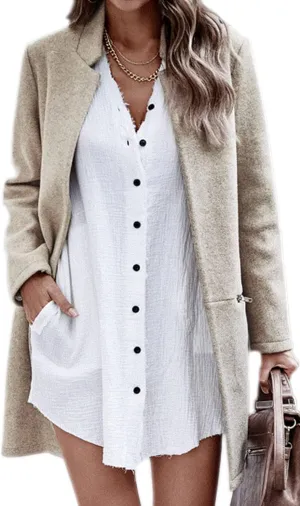 Angashion Womens Coat, Long Sleeve Stand Collar Cardigan Mid-Long Open Front Outwear Overcoat with Zipper Pockets