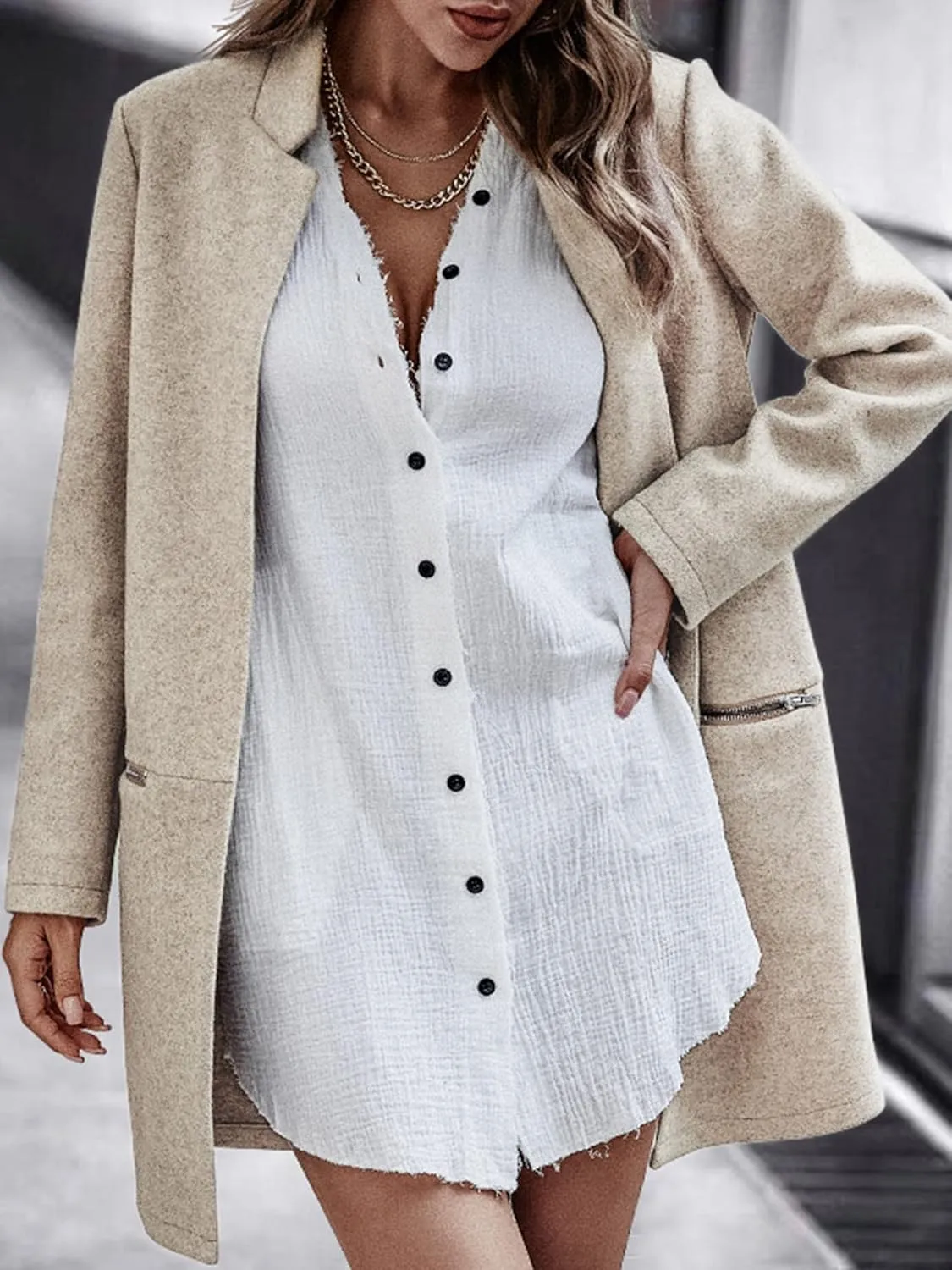 Angashion Womens Coat, Long Sleeve Stand Collar Cardigan Mid-Long Open Front Outwear Overcoat with Zipper Pockets