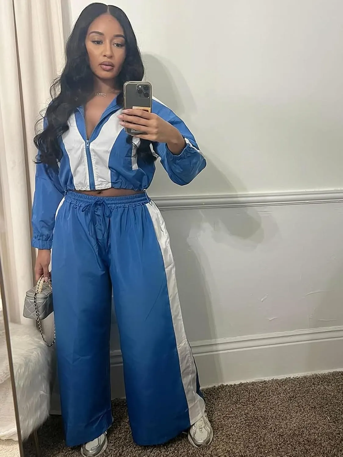 Angsuttc Track Suits for Women Set Color Block Two Piece Long Sleeve Cropped Jacket and Wide Leg Pants Outfits