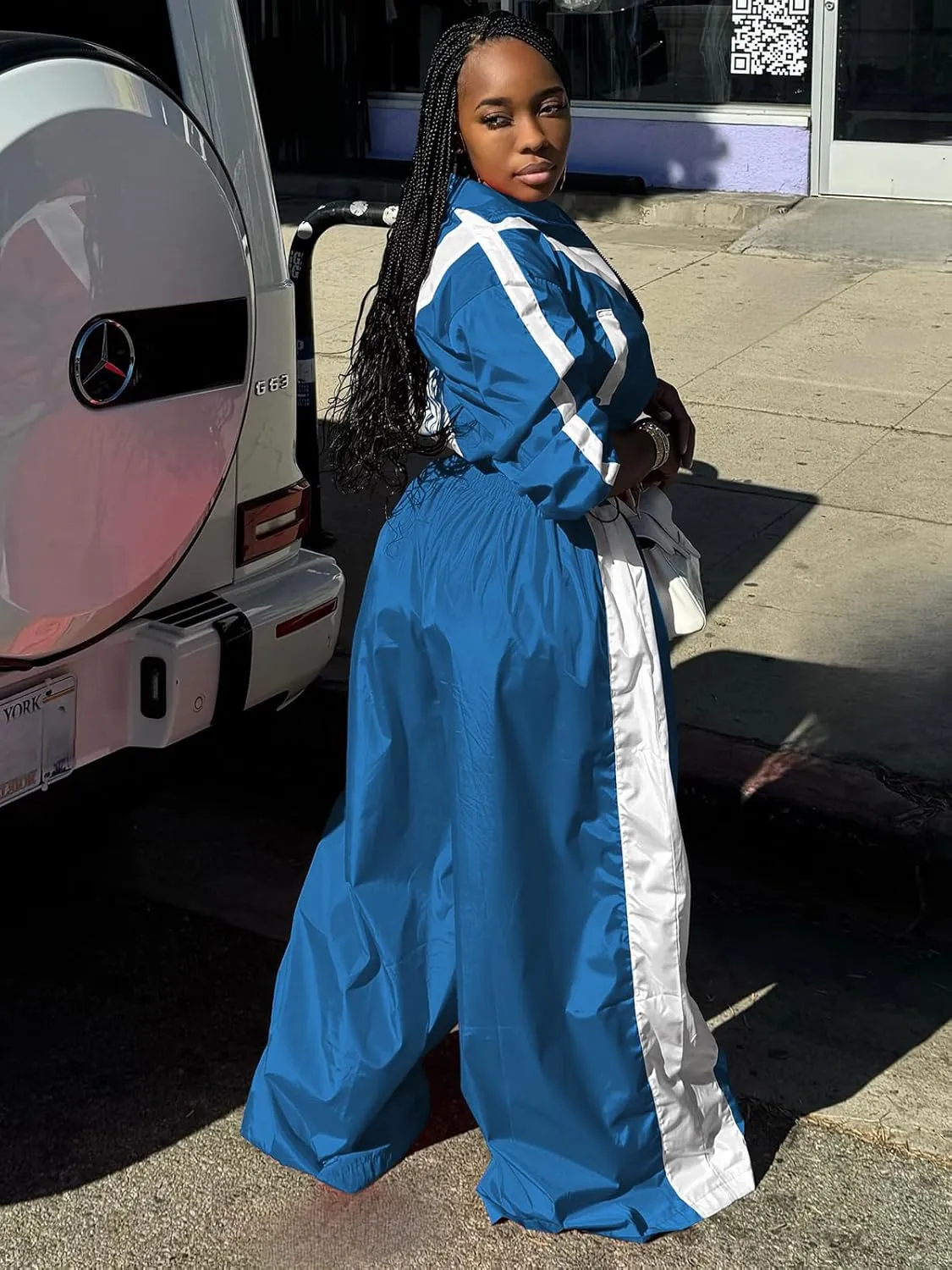 Angsuttc Track Suits for Women Set Color Block Two Piece Long Sleeve Cropped Jacket and Wide Leg Pants Outfits