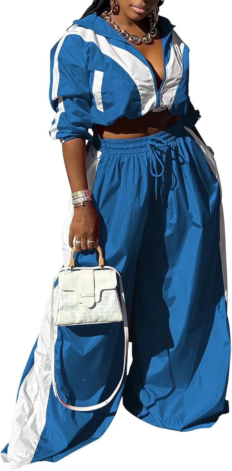 Angsuttc Track Suits for Women Set Color Block Two Piece Long Sleeve Cropped Jacket and Wide Leg Pants Outfits
