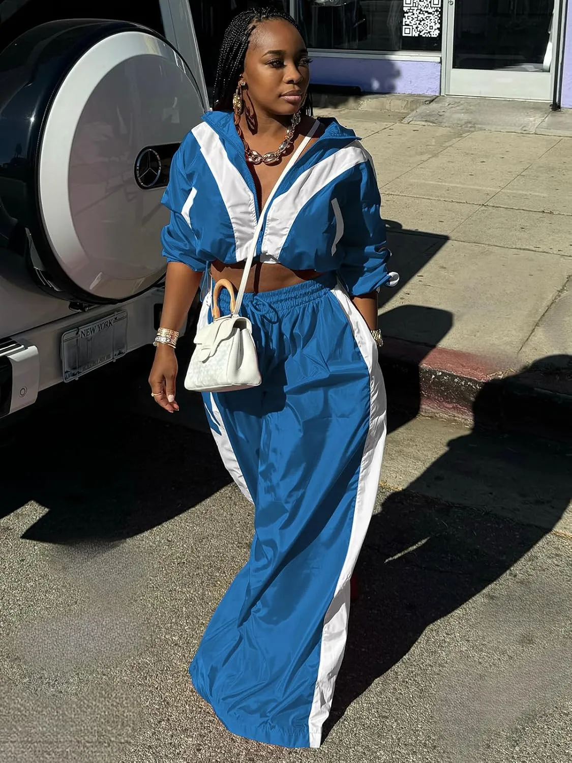 Angsuttc Track Suits for Women Set Color Block Two Piece Long Sleeve Cropped Jacket and Wide Leg Pants Outfits