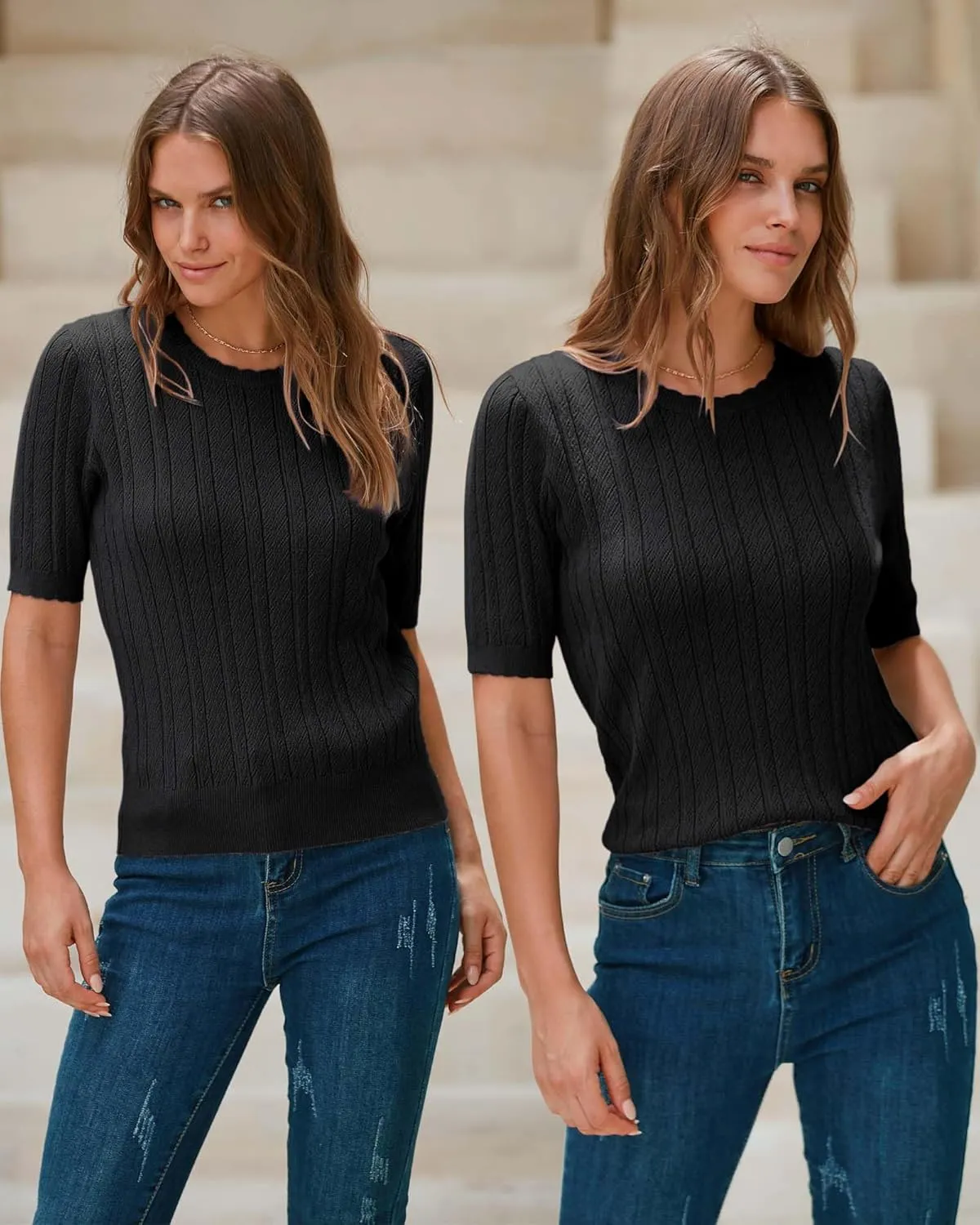 Arach&Cloz Womens Summer Sweater 2025 Spring Tops Short Sleeve Casual Blouses Crewneck Hollow Out Knit Pullover Shirt