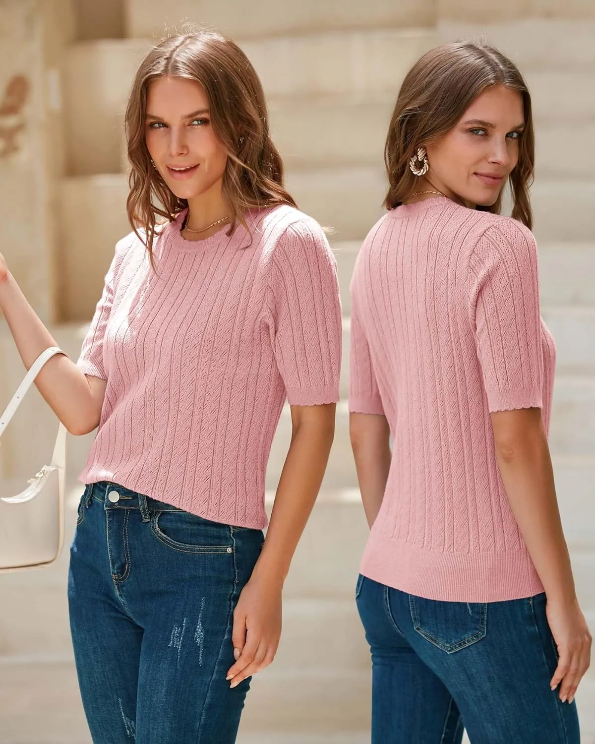 Arach&Cloz Womens Summer Sweater 2025 Spring Tops Short Sleeve Casual Blouses Crewneck Hollow Out Knit Pullover Shirt