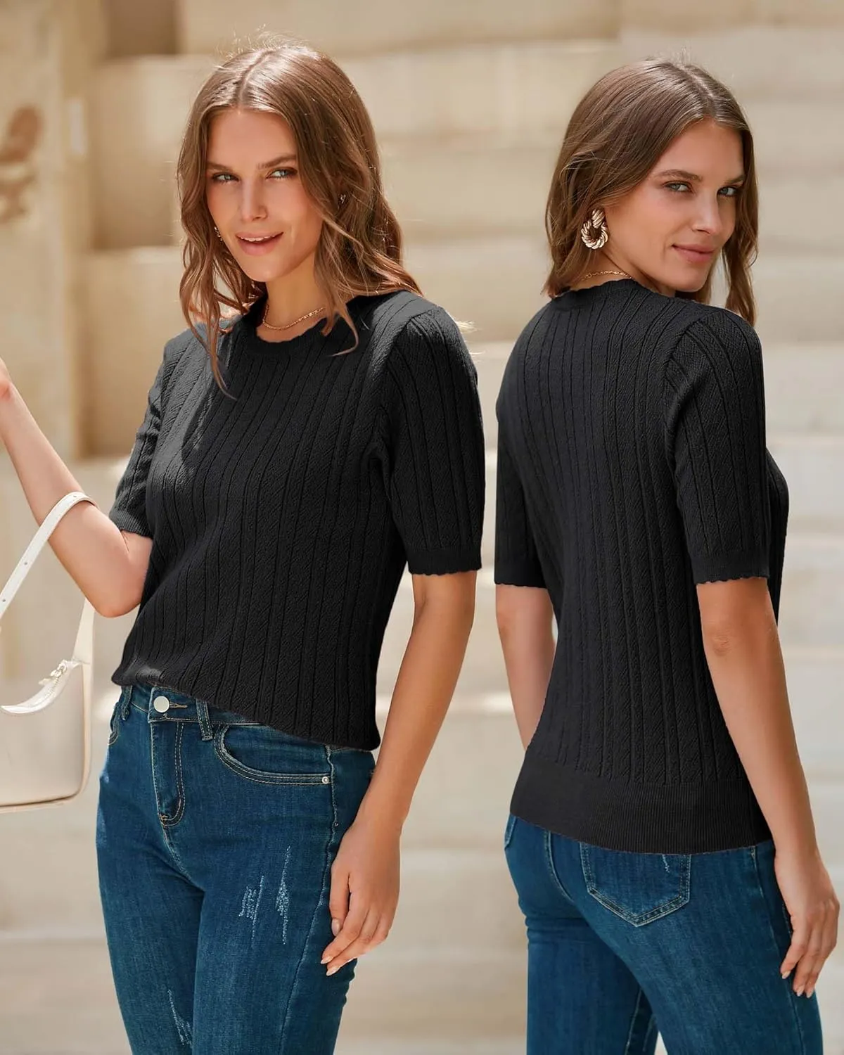 Arach&Cloz Womens Summer Sweater 2025 Spring Tops Short Sleeve Casual Blouses Crewneck Hollow Out Knit Pullover Shirt