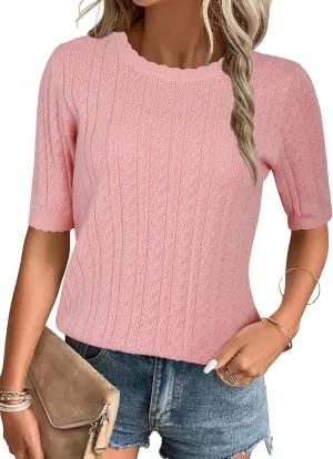 Arach&Cloz Womens Summer Sweater 2025 Spring Tops Short Sleeve Casual Blouses Crewneck Hollow Out Knit Pullover Shirt