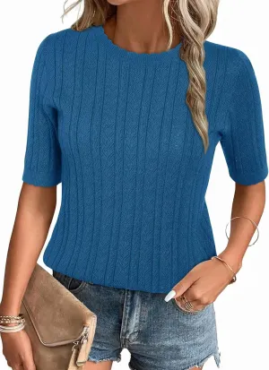 Arach&Cloz Womens Summer Sweater 2025 Spring Tops Short Sleeve Casual Blouses Crewneck Hollow Out Knit Pullover Shirt