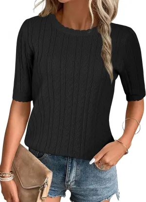 Arach&Cloz Womens Summer Sweater 2025 Spring Tops Short Sleeve Casual Blouses Crewneck Hollow Out Knit Pullover Shirt