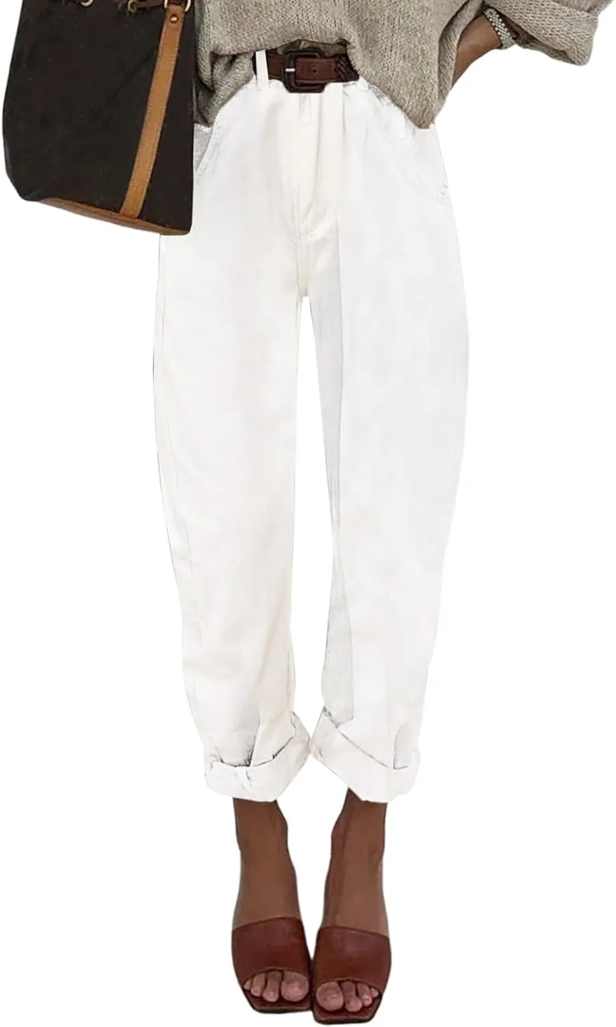 Astylish Womens High Waisted Baggy Jeans Boyfriend Cropped Loose Denim Pants