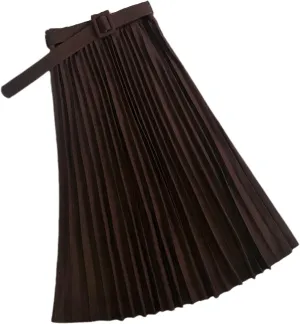 Autumn Winter Women Pleated Skirt Casual Solid All-Match A Line High Waist Midi Long Skirt Female with Belt
