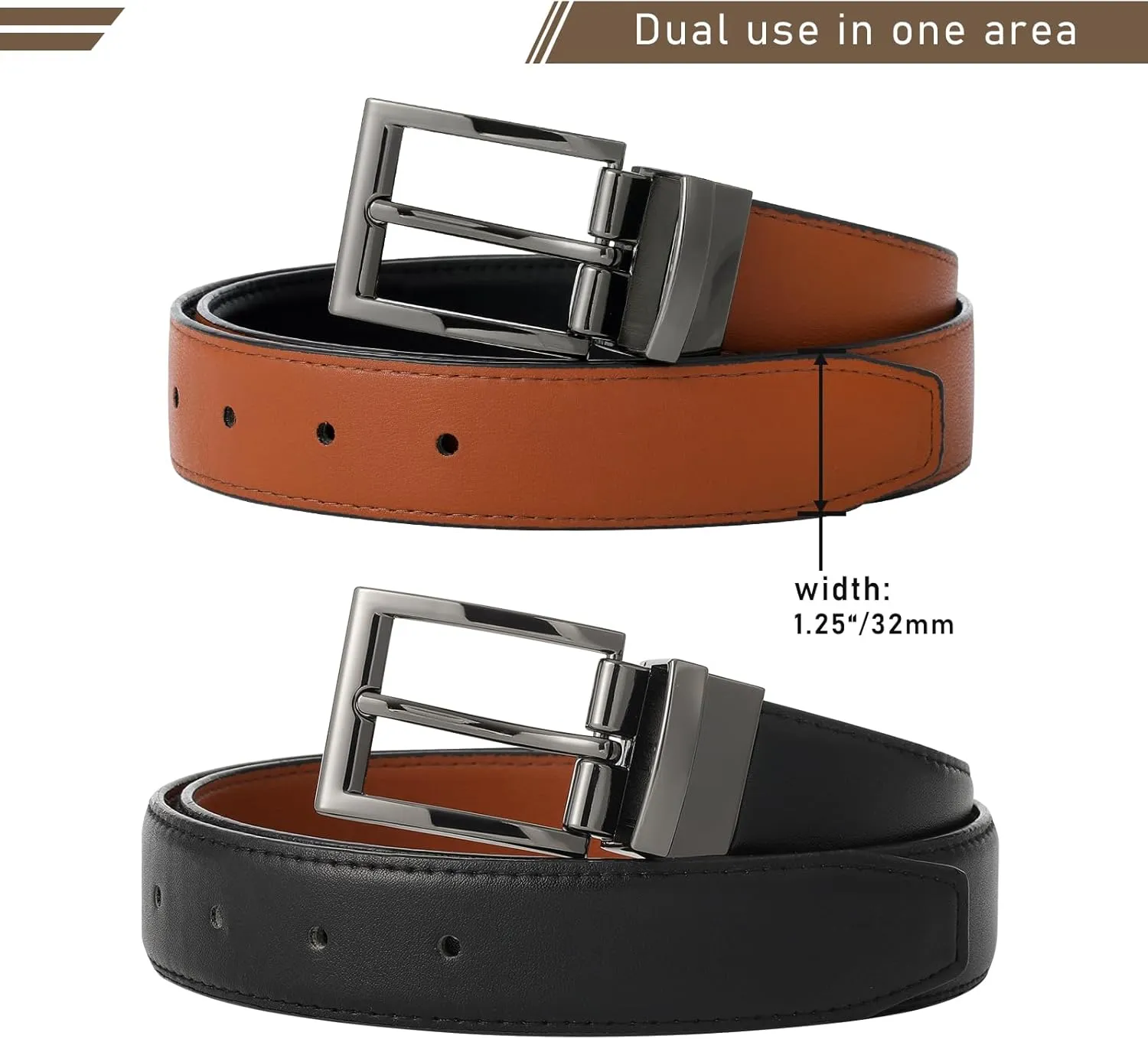 AWAYTR Reversible Leather Belt for Women - Two Color-in-One Belt for Women Men Belt with Rotated Buckle for Jeans Dress