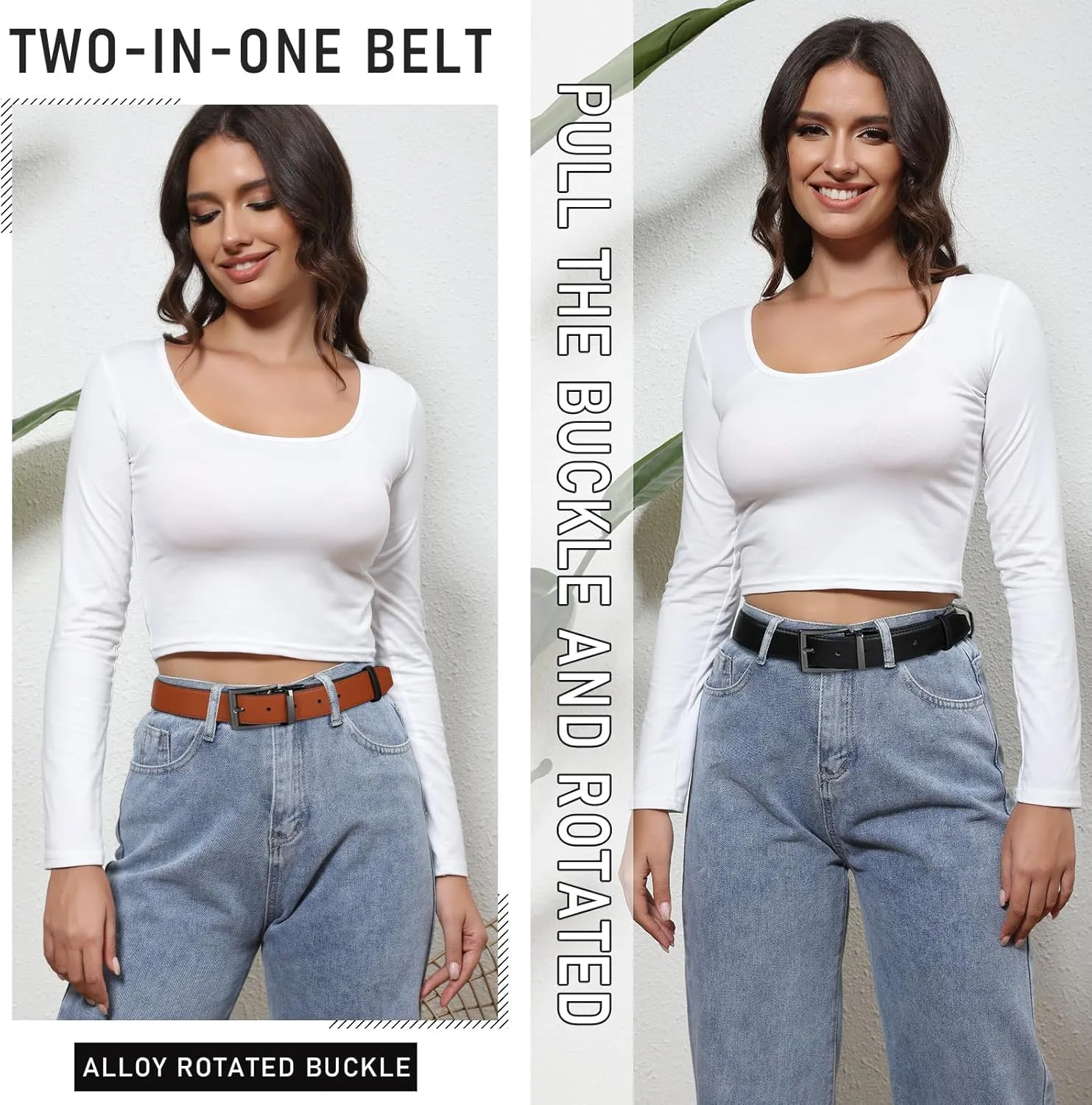 AWAYTR Reversible Leather Belt for Women - Two Color-in-One Belt for Women Men Belt with Rotated Buckle for Jeans Dress