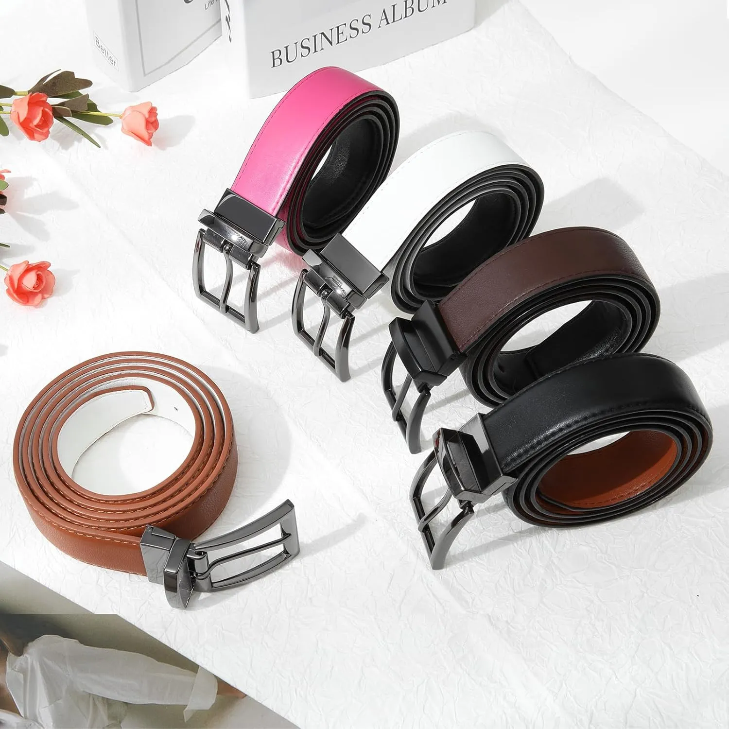 AWAYTR Reversible Leather Belt for Women - Two Color-in-One Belt for Women Men Belt with Rotated Buckle for Jeans Dress