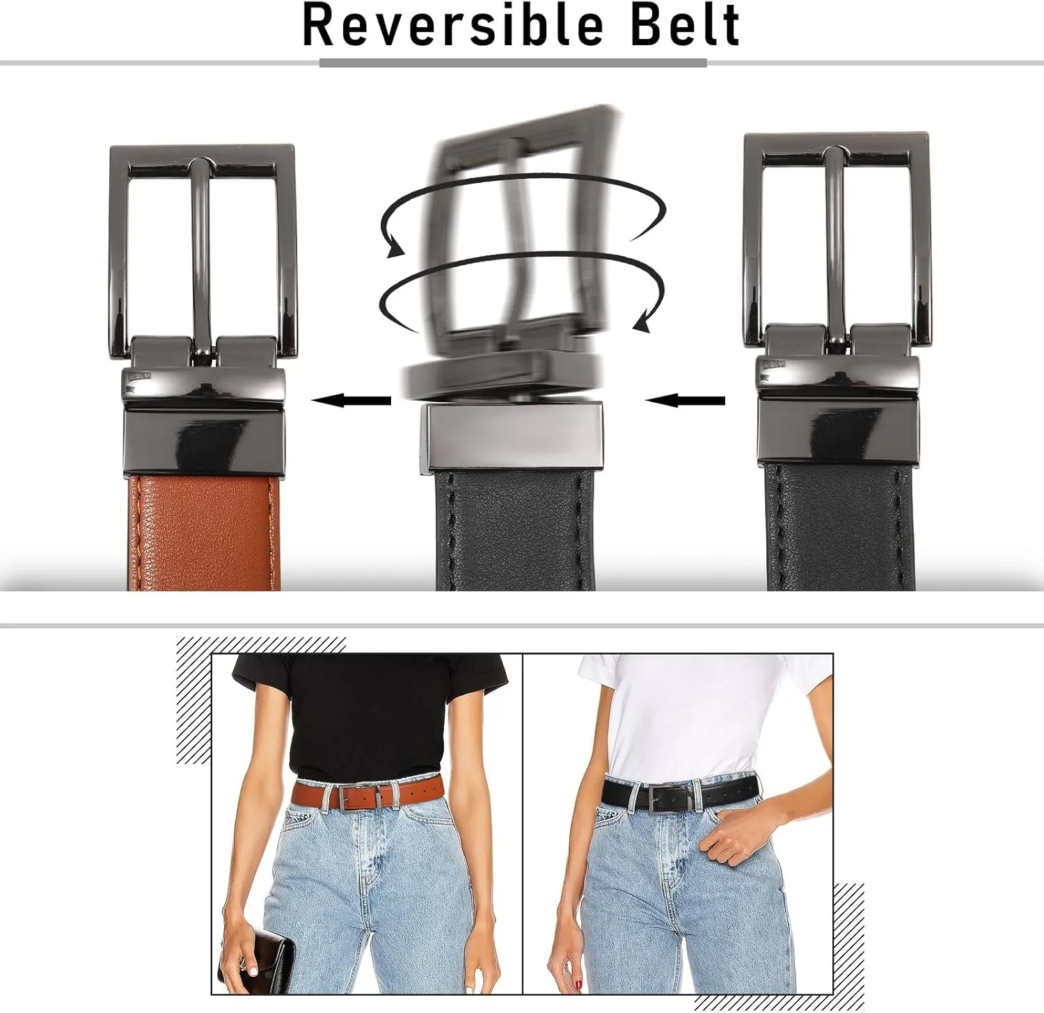 AWAYTR Reversible Leather Belt for Women - Two Color-in-One Belt for Women Men Belt with Rotated Buckle for Jeans Dress