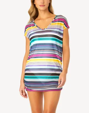 Barcode Stripe Mesh Tee Cover Up