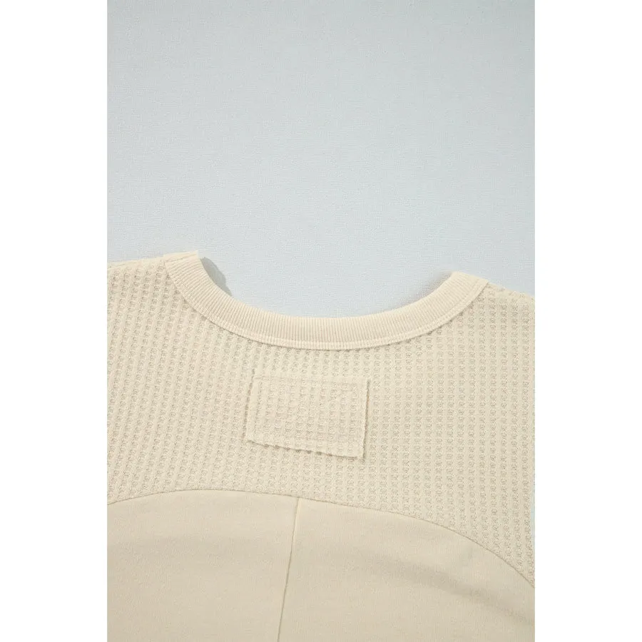 Beige Thermal Knit Patchwork Exposed Seam Long Sleeve Top