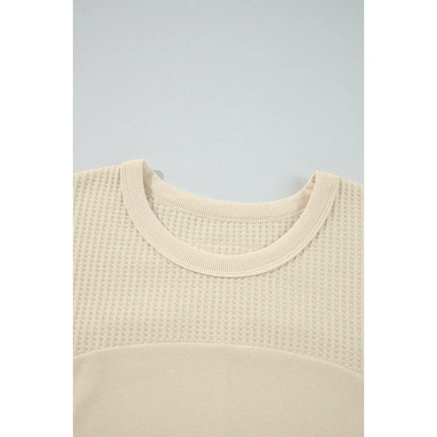 Beige Thermal Knit Patchwork Exposed Seam Long Sleeve Top