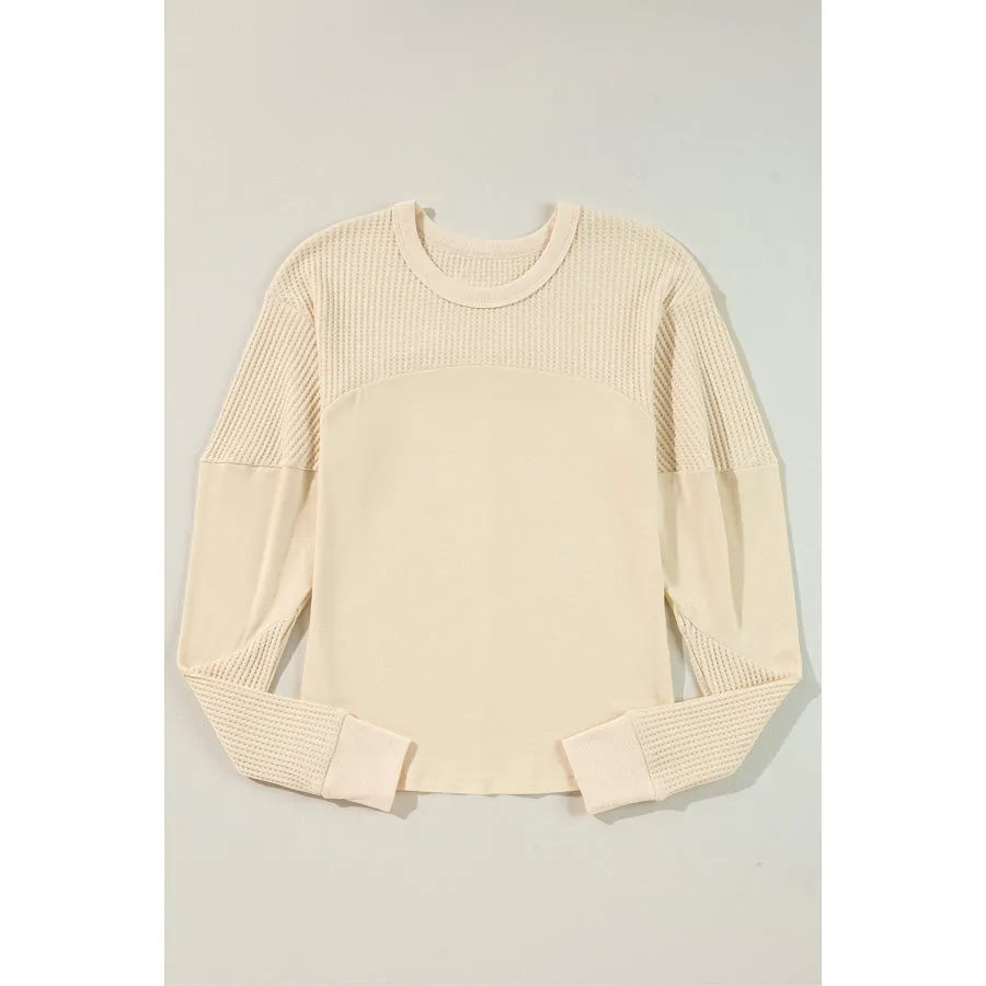 Beige Thermal Knit Patchwork Exposed Seam Long Sleeve Top