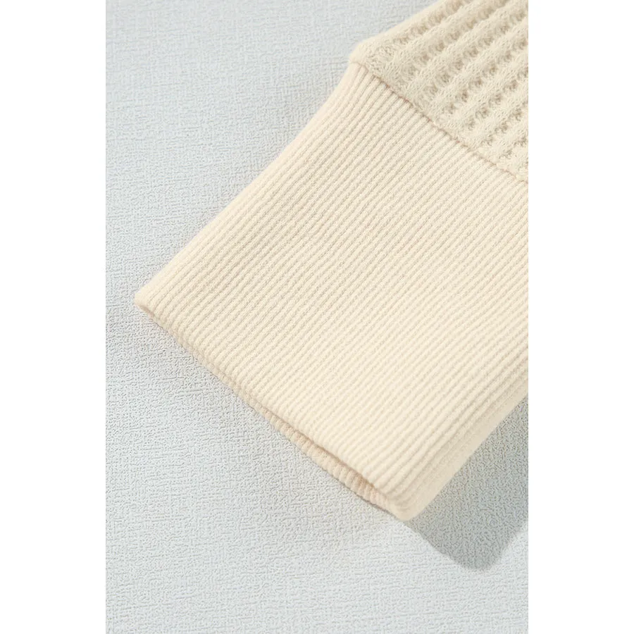 Beige Thermal Knit Patchwork Exposed Seam Long Sleeve Top