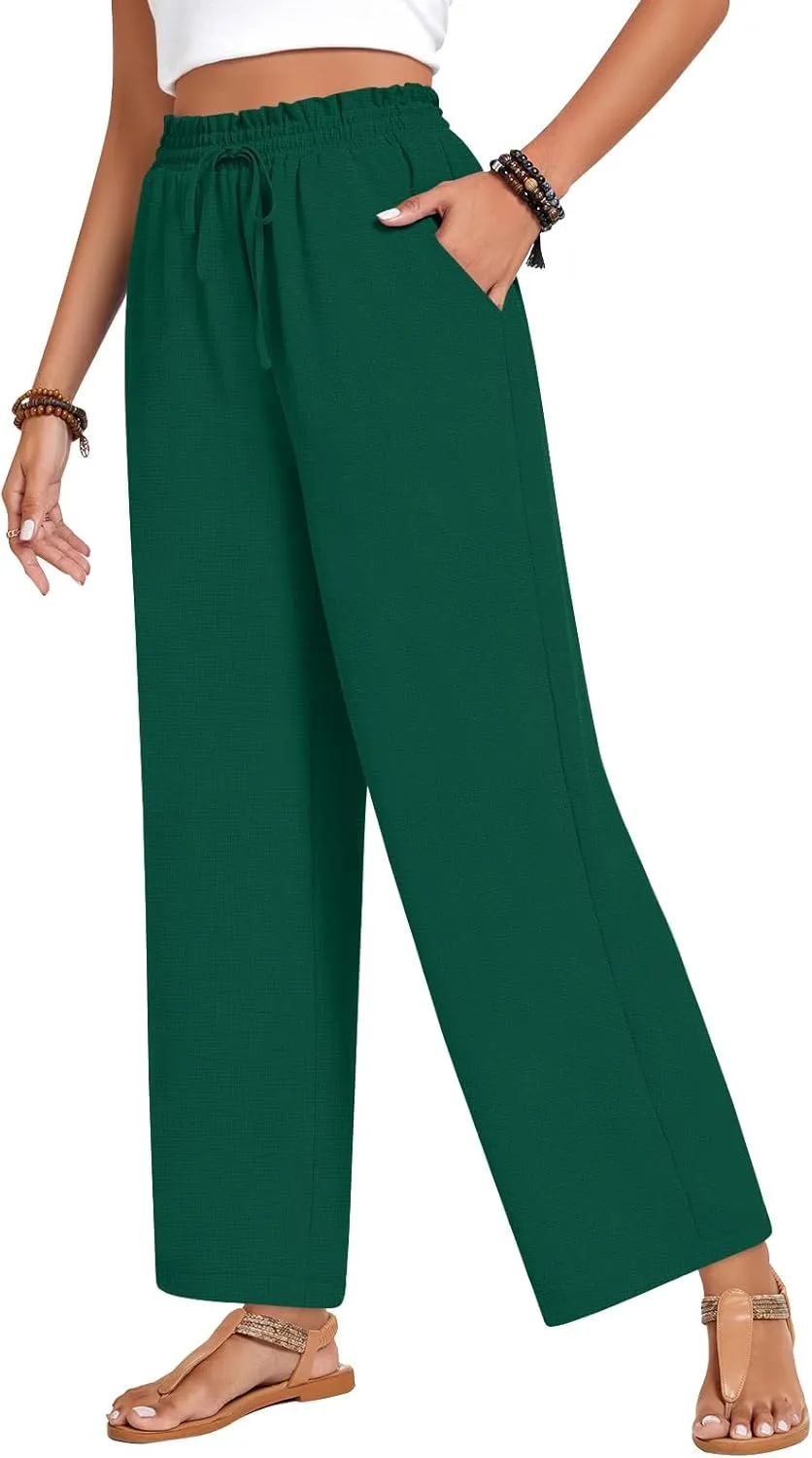 Bestbee 2025 Spring Business Casual Pants for Women, Loose Fit Long Trousers High Waist Waffle Knit Sweatpants with Pockets