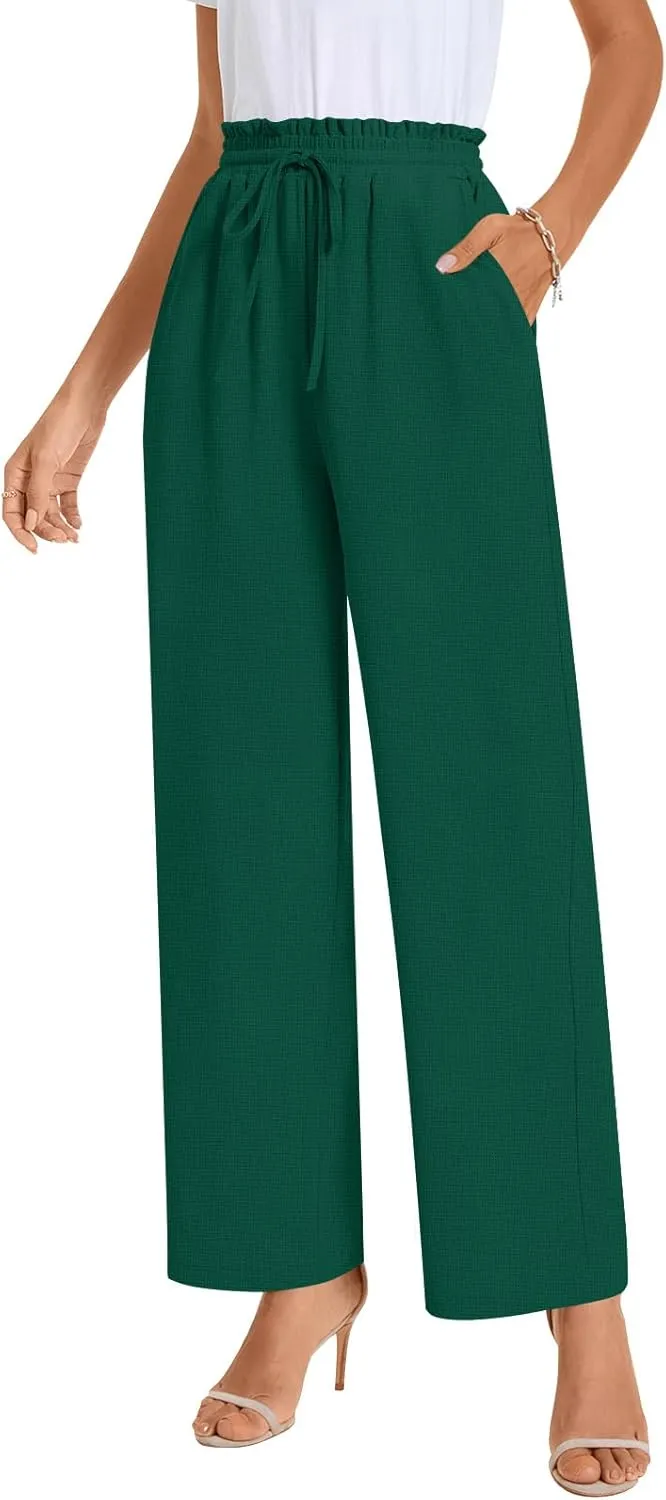 Bestbee 2025 Spring Business Casual Pants for Women, Loose Fit Long Trousers High Waist Waffle Knit Sweatpants with Pockets
