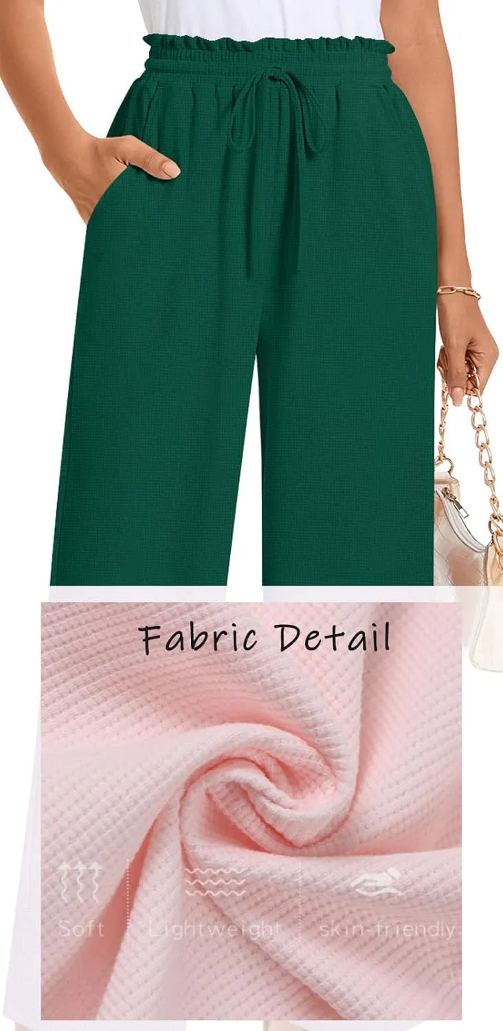 Bestbee 2025 Spring Business Casual Pants for Women, Loose Fit Long Trousers High Waist Waffle Knit Sweatpants with Pockets