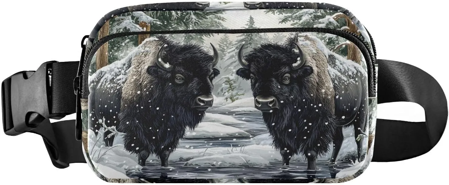Black Bisons Fanny Pack Water Resistant, Women Men Waist Pack Sling Bag Purse for Travel Hiking