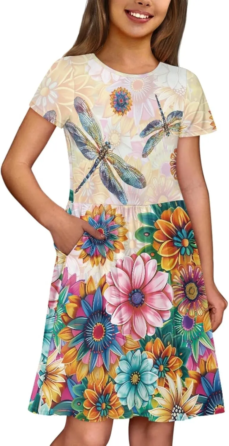Black Dress for Girls Cute Outfits Short Sleeve Dresses with Pocket Summer Dress Size 2-14 T Kids
