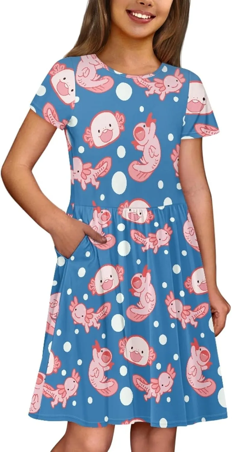 Black Dress for Girls Cute Outfits Short Sleeve Dresses with Pocket Summer Dress Size 2-14 T Kids