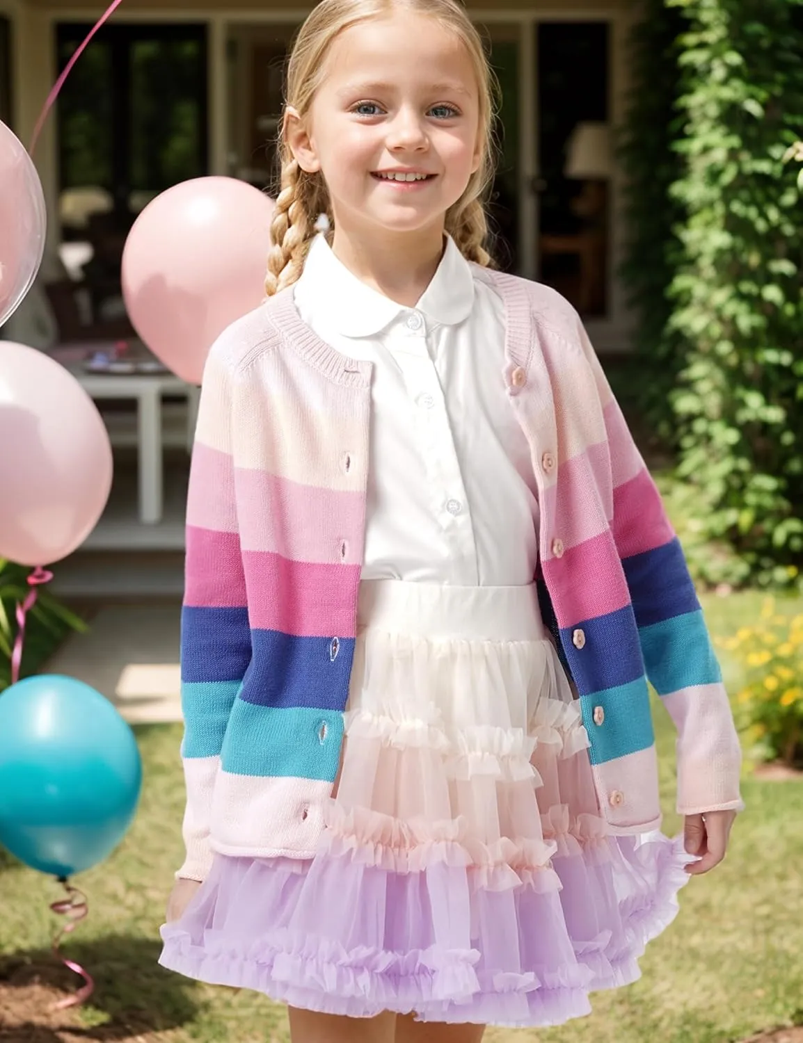 BOBOYOYO Girls Cute Cardigan 100% Cotton Rainbow Kids Cardigan Sweater Button up Striped Knit Cardigan Children for 5-12 Y