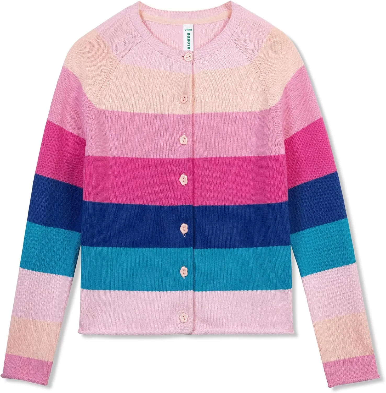 BOBOYOYO Girls Cute Cardigan 100% Cotton Rainbow Kids Cardigan Sweater Button up Striped Knit Cardigan Children for 5-12 Y