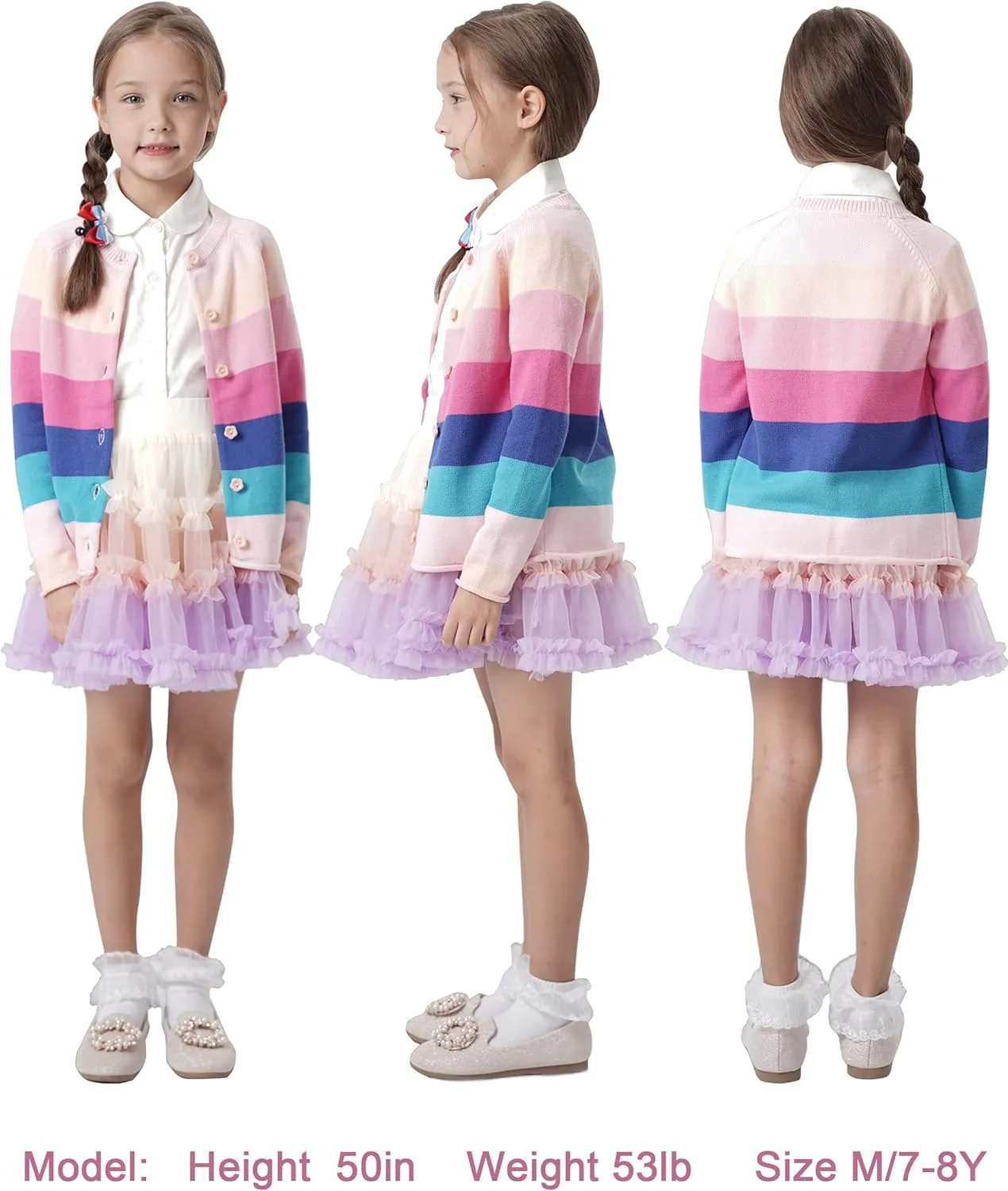 BOBOYOYO Girls Cute Cardigan 100% Cotton Rainbow Kids Cardigan Sweater Button up Striped Knit Cardigan Children for 5-12 Y